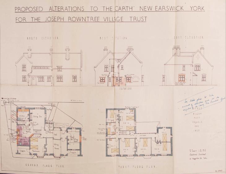 Plan showing proposed alterations to a two-storey farm building, including black and white elevations to the north, west and east, and colour ground floor and first floor plans.